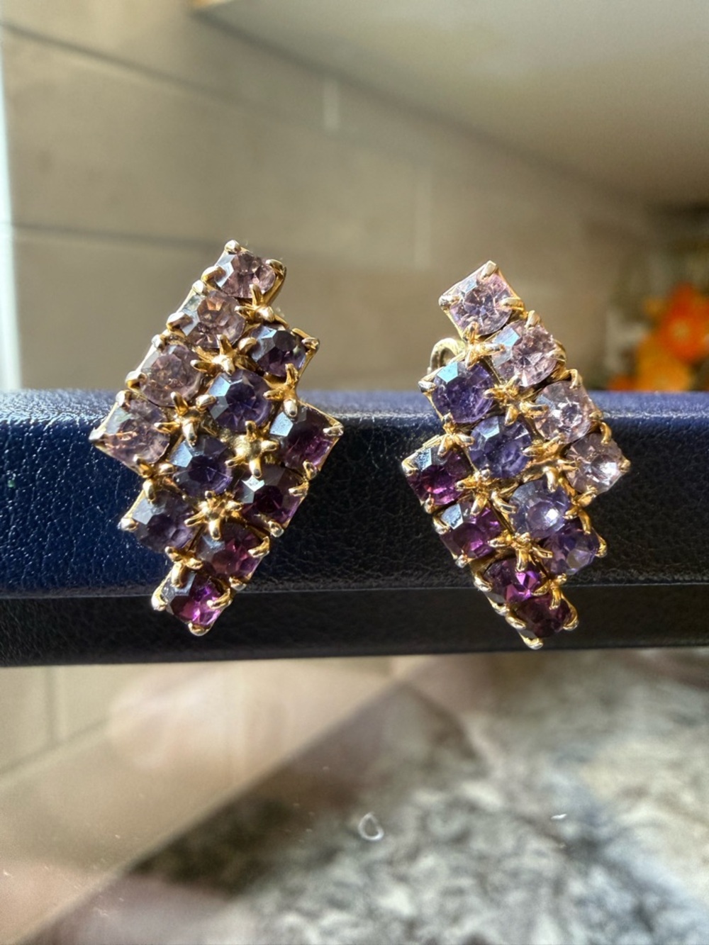 Vintage Purple Rhinestone Gold Tone Clip-on Earrings